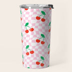 Cute pink cherry fruit checkered pattern Travel Mug Gallery Image 2