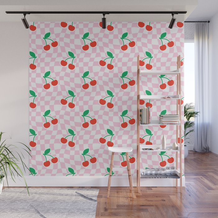Cute pink cherry fruit checkered pattern Wall Mural Gallery Image 1