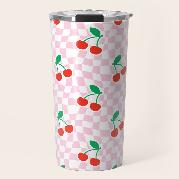 Cute pink cherry fruit checkered pattern Travel Mug Gallery Image 1