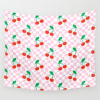 Cute pink cherry fruit checkered pattern Wall Tapestry Gallery Image 4
