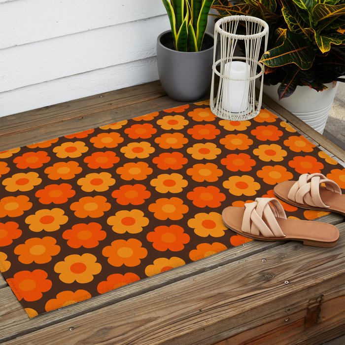 Such Cute Flowers Retro Floral Pattern in 70s Orange and Brown  Outdoor Rug Gallery Image 2