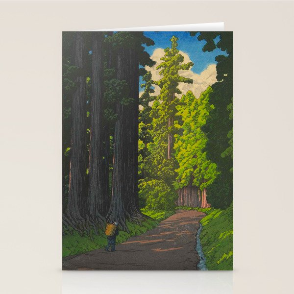 Vintage Japanese Woodblock Print Kawase Hasui Mystical Japanese forest Tall Green Trees Stationery Card Gallery Image 1