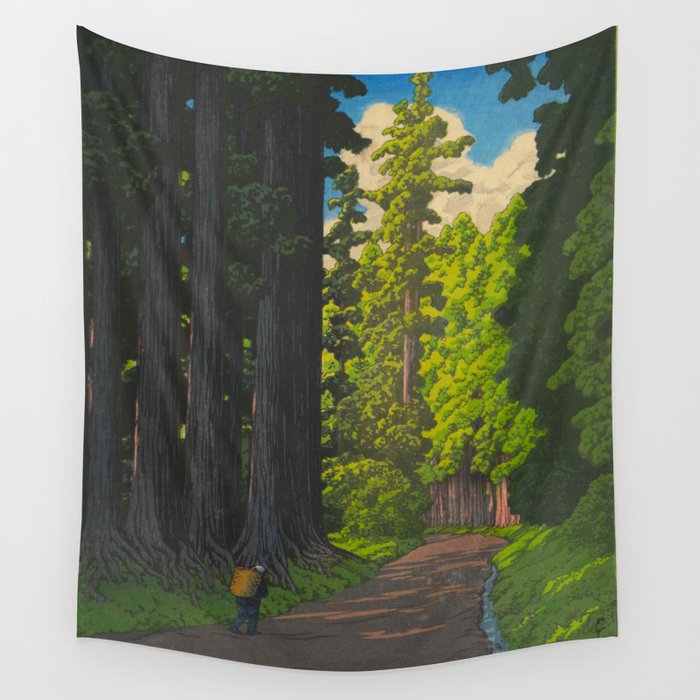 Vintage Japanese Woodblock Print Kawase Hasui Mystical Japanese forest Tall Green Trees Wall Tapestry Gallery Image 4