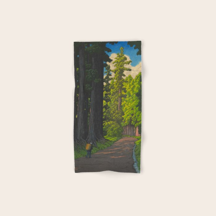 Vintage Japanese Woodblock Print Kawase Hasui Mystical Japanese forest Tall Green Trees Bath Towel Gallery Image 1