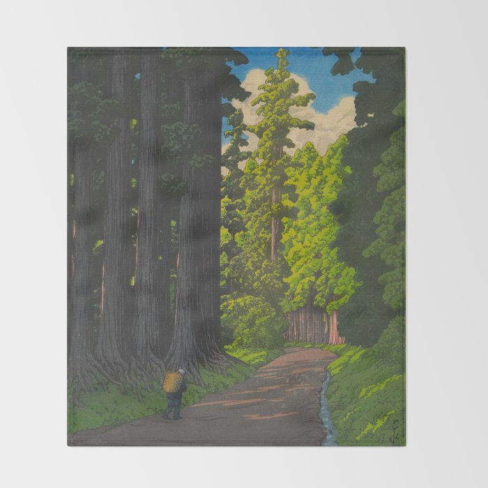 Vintage Japanese Woodblock Print Kawase Hasui Mystical Japanese forest Tall Green Trees Throw Blanket Gallery Image 2