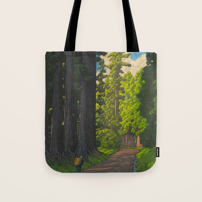 Vintage Japanese Woodblock Print Kawase Hasui Mystical Japanese forest Tall Green Trees Tote Bag Gallery Image 1