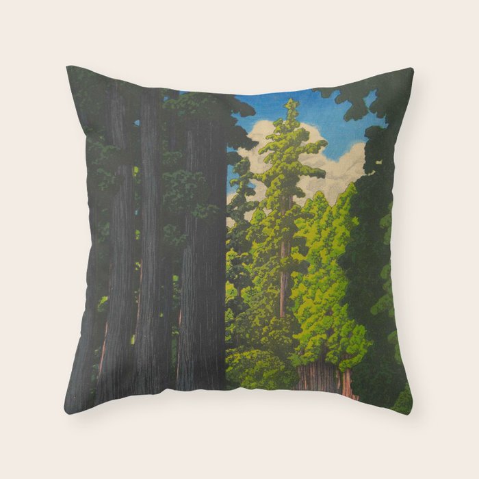 Vintage Japanese Woodblock Print Kawase Hasui Mystical Japanese forest Tall Green Trees Throw Pillow Gallery Image 6