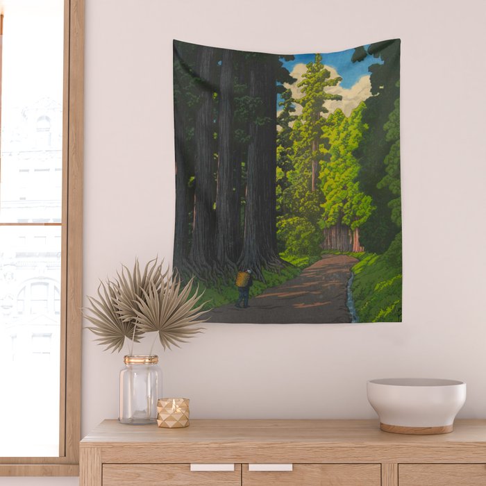 Vintage Japanese Woodblock Print Kawase Hasui Mystical Japanese forest Tall Green Trees Wall Tapestry Gallery Image 2