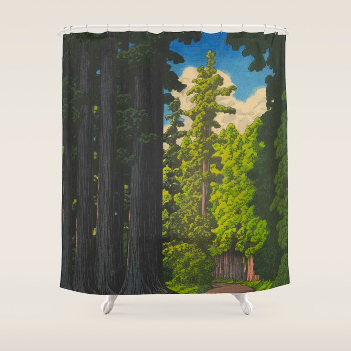 Vintage Japanese Woodblock Print Kawase Hasui Mystical Japanese forest Tall Green Trees Shower Curtain Gallery Image 1