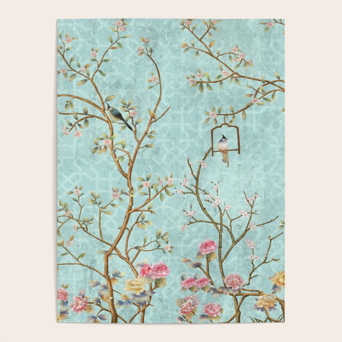 Romantic Chinoiserie Aqua Zen Garden Poster Gallery Image 1