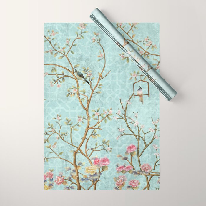 Romantic Chinoiserie Aqua Zen Garden Wrapping Paper Gallery Image 1