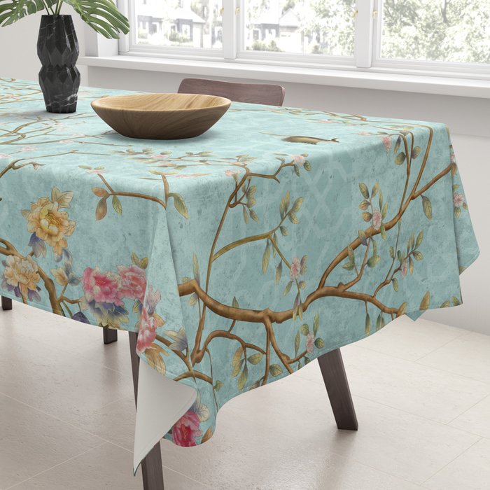 Romantic Chinoiserie Aqua Zen Garden Tablecloth Gallery Image 3