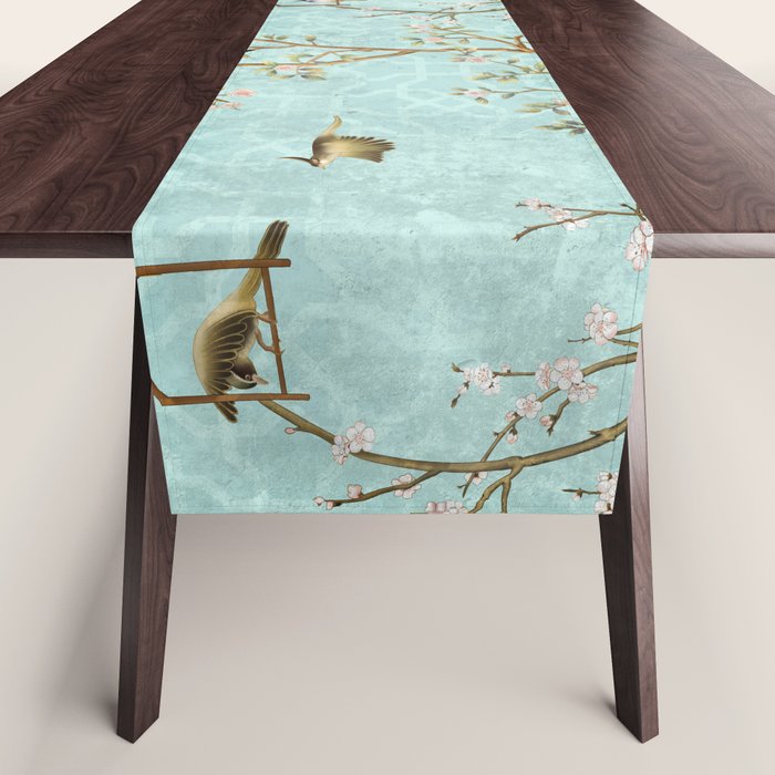 Romantic Chinoiserie Aqua Zen Garden Table Runner Gallery Image 1