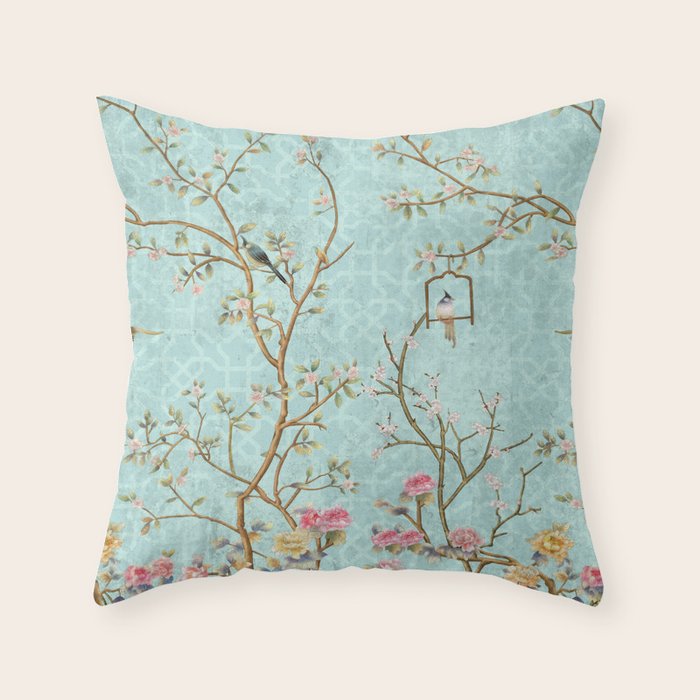 Romantic Chinoiserie Aqua Zen Garden Throw Pillow Gallery Image 6