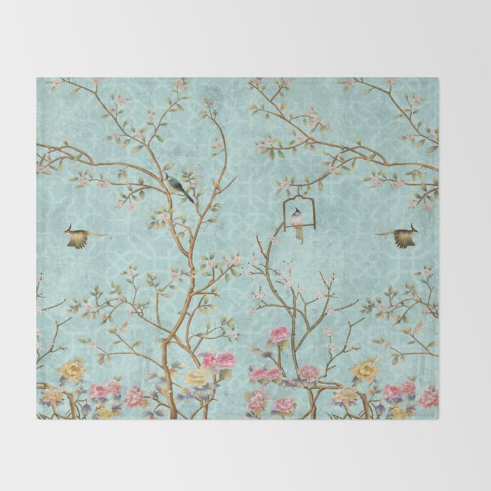 Romantic Chinoiserie Aqua Zen Garden Throw Blanket Gallery Image 2