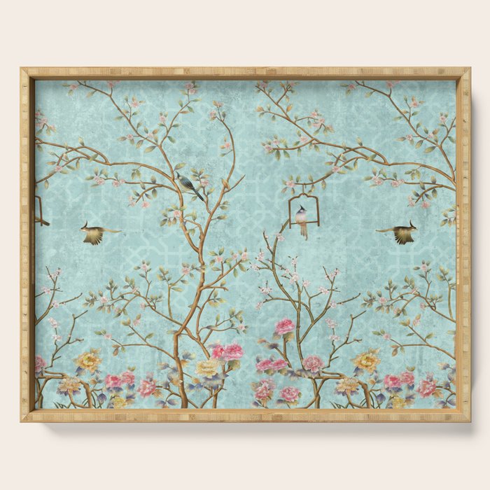 Romantic Chinoiserie Aqua Zen Garden Serving Tray Gallery Image 1
