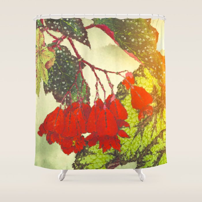 Deep Within - Flowers in the Mist -  Ukiyo Nature Landscape  in Red, Green, Yellow & Orange Shower Curtain Gallery Image 1