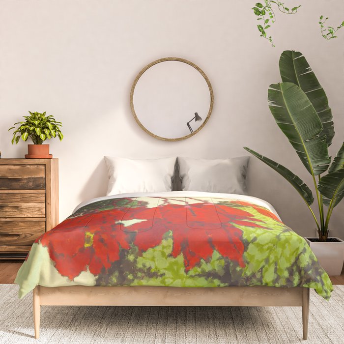Deep Within - Flowers in the Mist -  Ukiyo Nature Landscape  in Red, Green, Yellow & Orange Comforter Gallery Image 3