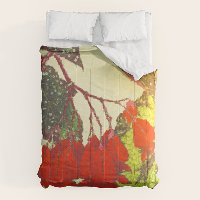 Deep Within - Flowers in the Mist -  Ukiyo Nature Landscape  in Red, Green, Yellow & Orange Comforter Gallery Image 1