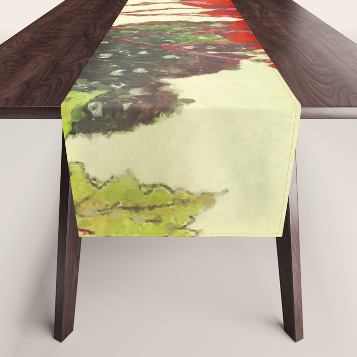 Deep Within - Flowers in the Mist -  Ukiyo Nature Landscape  in Red, Green, Yellow & Orange Table Runner Gallery Image 1