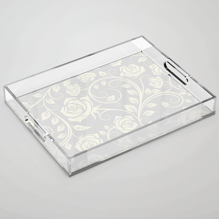 Antique White Roses Silhouette on Silver Grey Acrylic Tray Gallery Image 1