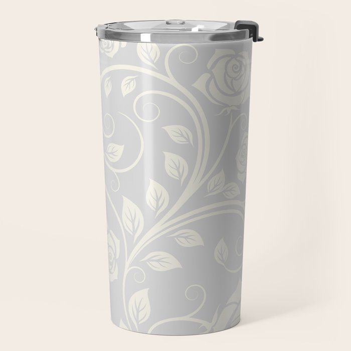Antique White Roses Silhouette on Silver Grey Travel Mug Gallery Image 2