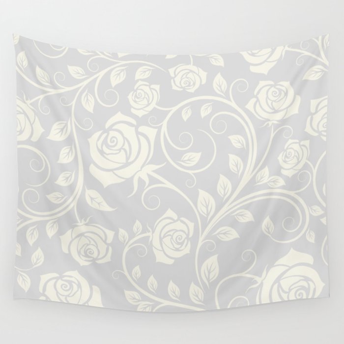 Antique White Roses Silhouette on Silver Grey Wall Tapestry Gallery Image 4
