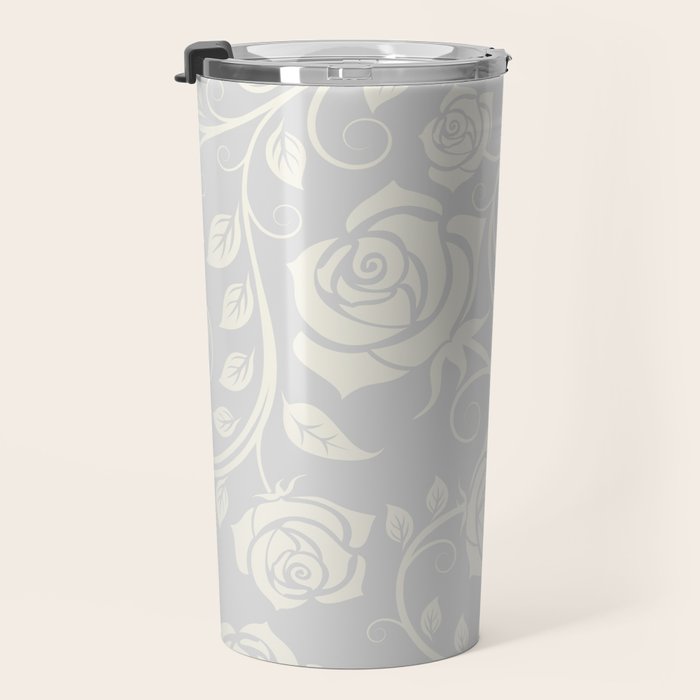 Antique White Roses Silhouette on Silver Grey Travel Mug Gallery Image 3