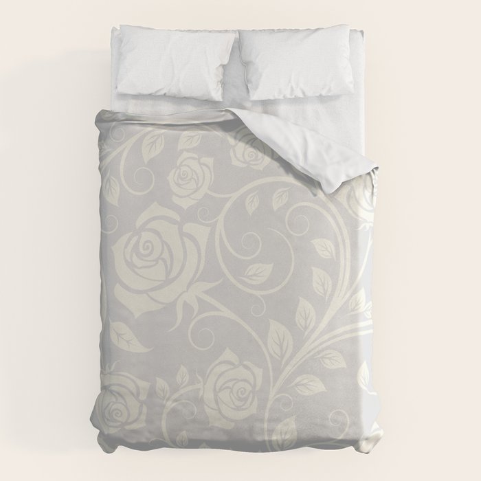 Antique White Roses Silhouette on Silver Grey Duvet Cover Gallery Image 6