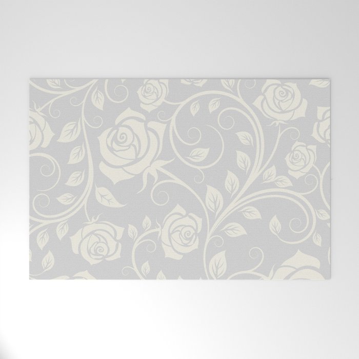 Antique White Roses Silhouette on Silver Grey Welcome Mat Gallery Image 1