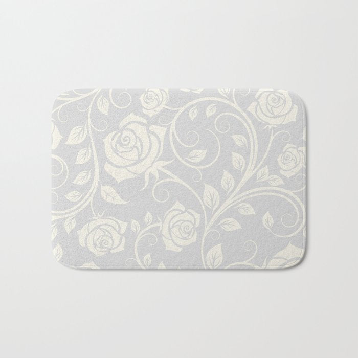 Antique White Roses Silhouette on Silver Grey Bath Mat Gallery Image 1