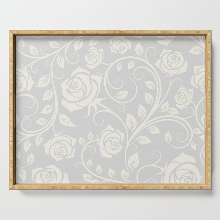 Antique White Roses Silhouette on Silver Grey Serving Tray Gallery Image 1