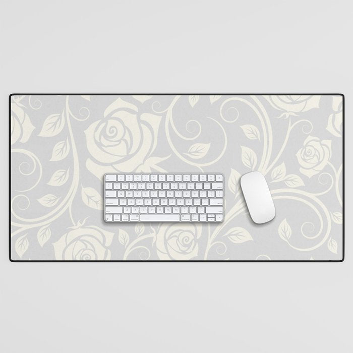 Antique White Roses Silhouette on Silver Grey Desk Mat Gallery Image 1