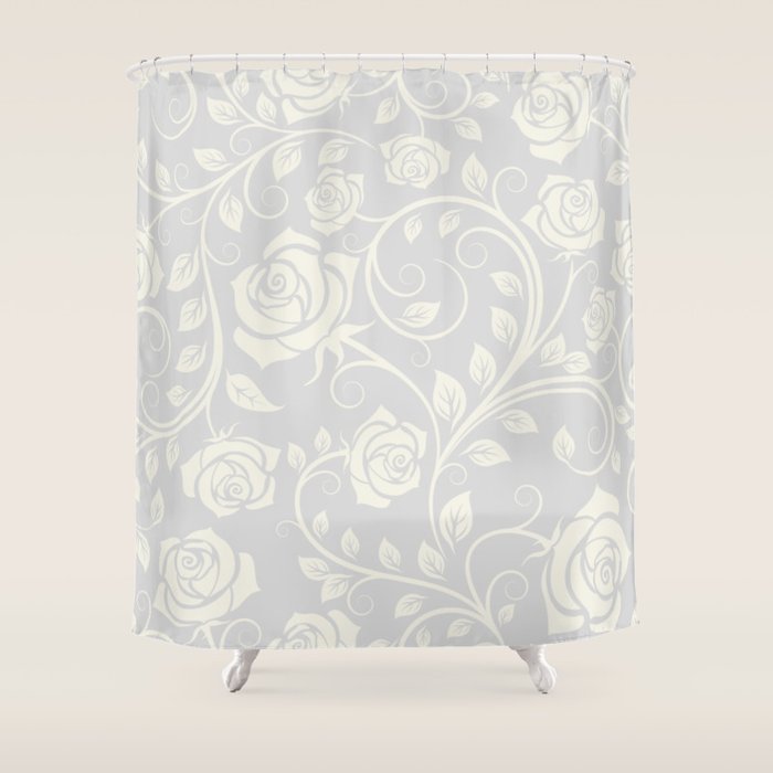 Antique White Roses Silhouette on Silver Grey Shower Curtain Gallery Image 1