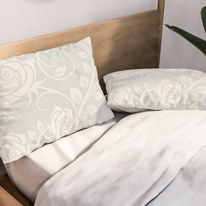 Antique White Roses Silhouette on Silver Grey Pillow Sham Gallery Image 2