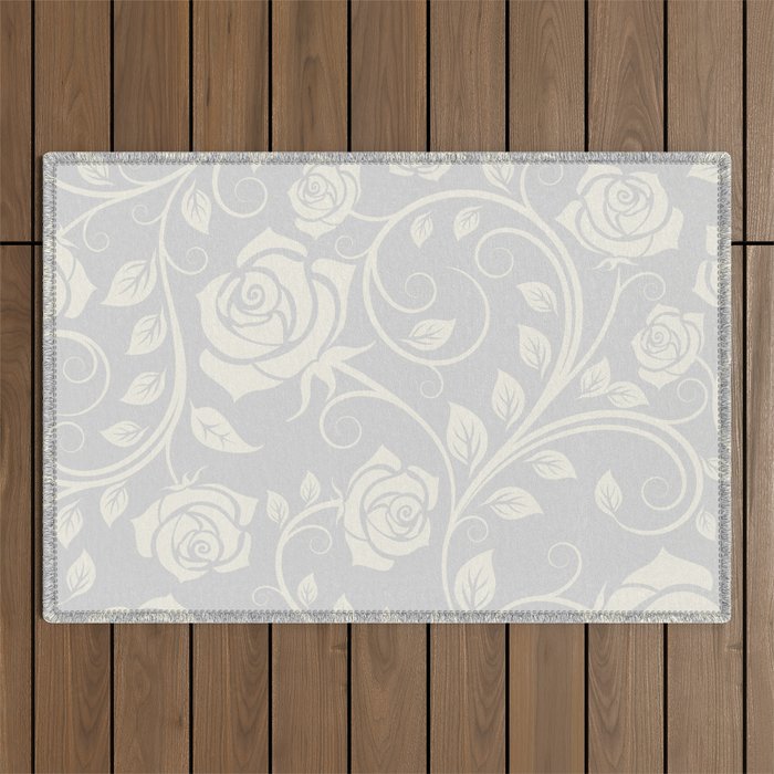 Antique White Roses Silhouette on Silver Grey Outdoor Rug