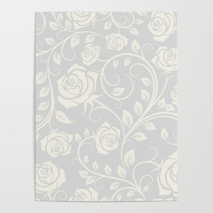 Antique White Roses Silhouette on Silver Grey Poster Gallery Image 1