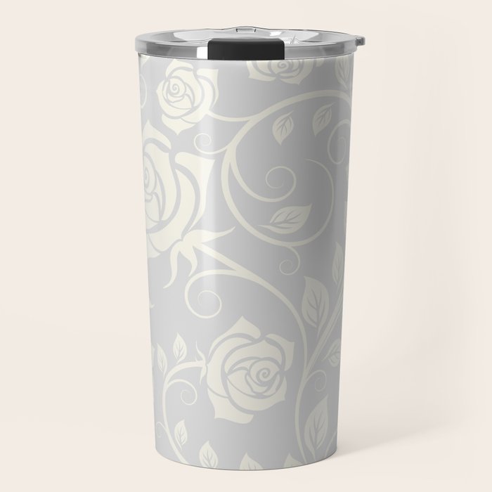 Antique White Roses Silhouette on Silver Grey Travel Mug Gallery Image 1