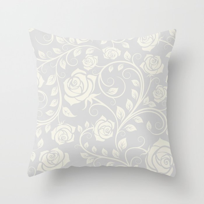 Antique White Roses Silhouette on Silver Grey Throw Pillow Gallery Image 6