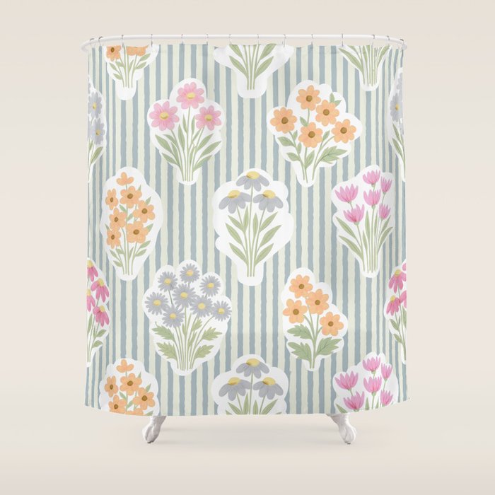 Ditsy Flower Sticker Bouquets on Blue and Cream Pinstripes Shower Curtain Gallery Image 1