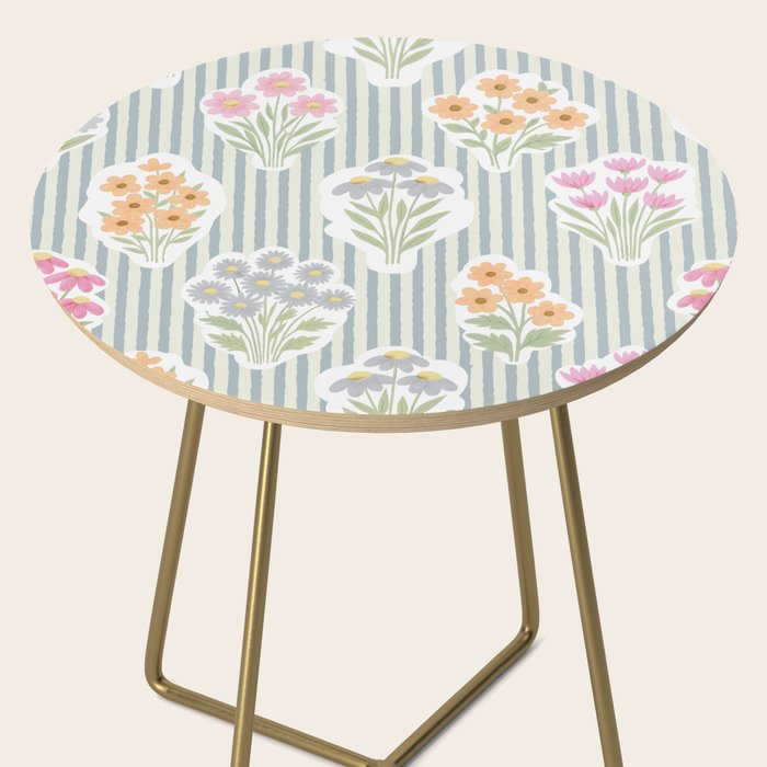 Ditsy Flower Sticker Bouquets on Blue and Cream Pinstripes Side Table Gallery Image 2