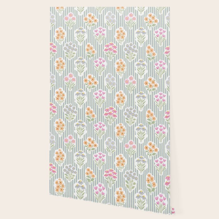 Ditsy Flower Sticker Bouquets on Blue and Cream Pinstripes Wallpaper Gallery Image 2