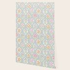 Ditsy Flower Sticker Bouquets on Blue and Cream Pinstripes Wallpaper Gallery Image 2