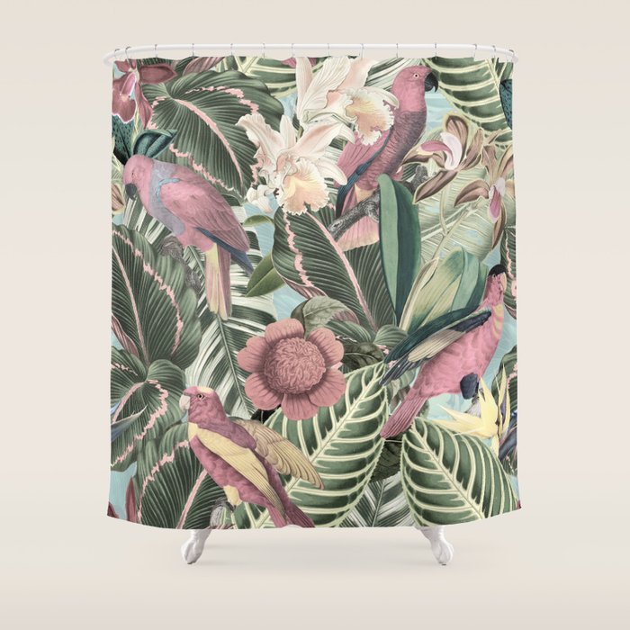 Vintage & Shabby Chic - Sepia Pink Tropical Bird Summer Garden Shower Curtain Gallery Image 1