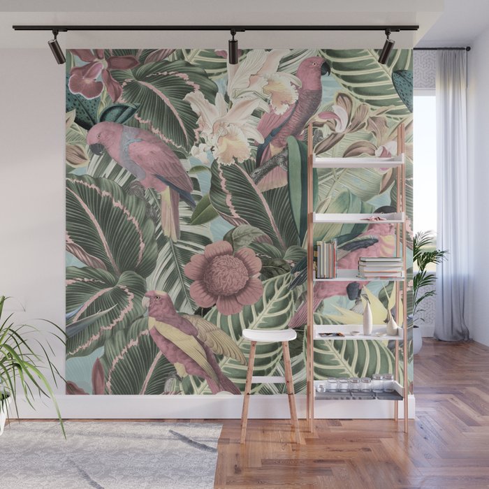 Vintage & Shabby Chic - Sepia Pink Tropical Bird Summer Garden Wall Mural Gallery Image 1