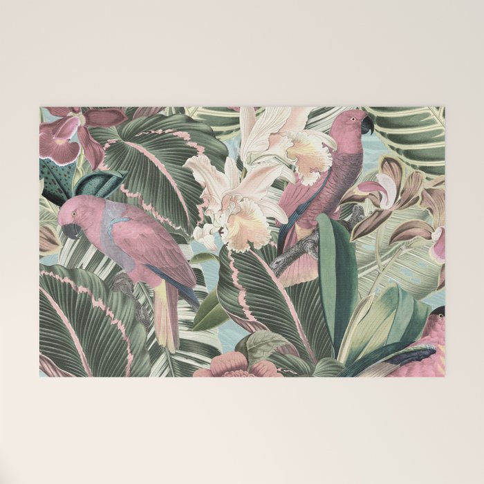 Vintage & Shabby Chic - Sepia Pink Tropical Bird Summer Garden Welcome Mat Gallery Image 1