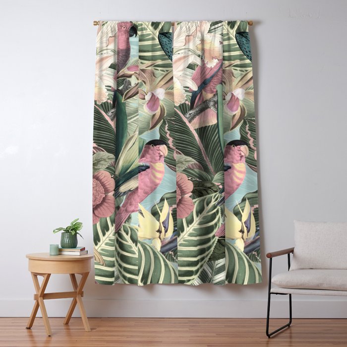 Vintage & Shabby Chic - Sepia Pink Tropical Bird Summer Garden Window Curtain Gallery Image 1