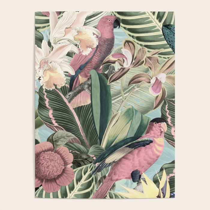 Vintage & Shabby Chic - Sepia Pink Tropical Bird Summer Garden Poster Gallery Image 1
