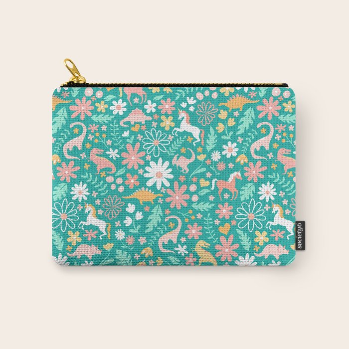 Dinosaurs + Unicorns on Teal Carry All Pouch Gallery Image 1