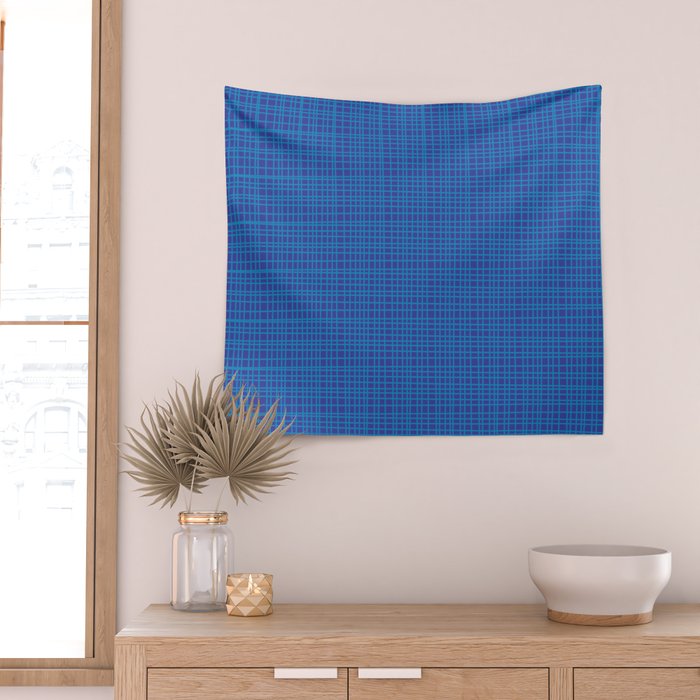 Blue Fine Weave Mid Century Modern Minimalist Woven Line Pattern Wall Tapestry Gallery Image 2